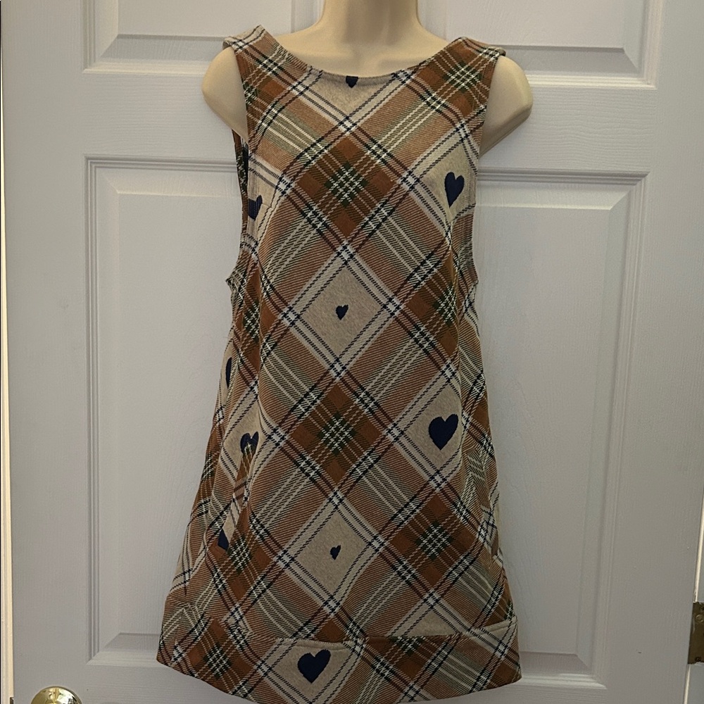 Free People Plaid Heart Pattern Sleeveless Shift Dress - Tan & Navy